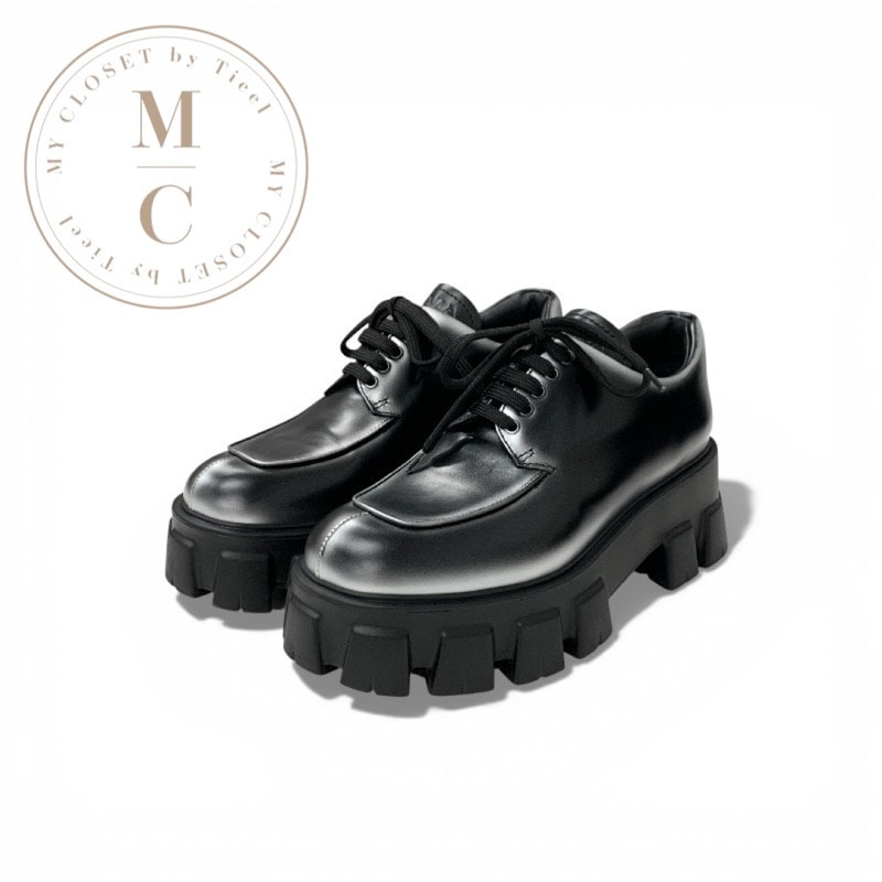 プラダ PRADA モノリス ローファー 革靴 靴 シューズ レザー シルバー ブラック ロゴ レースアップシューズ