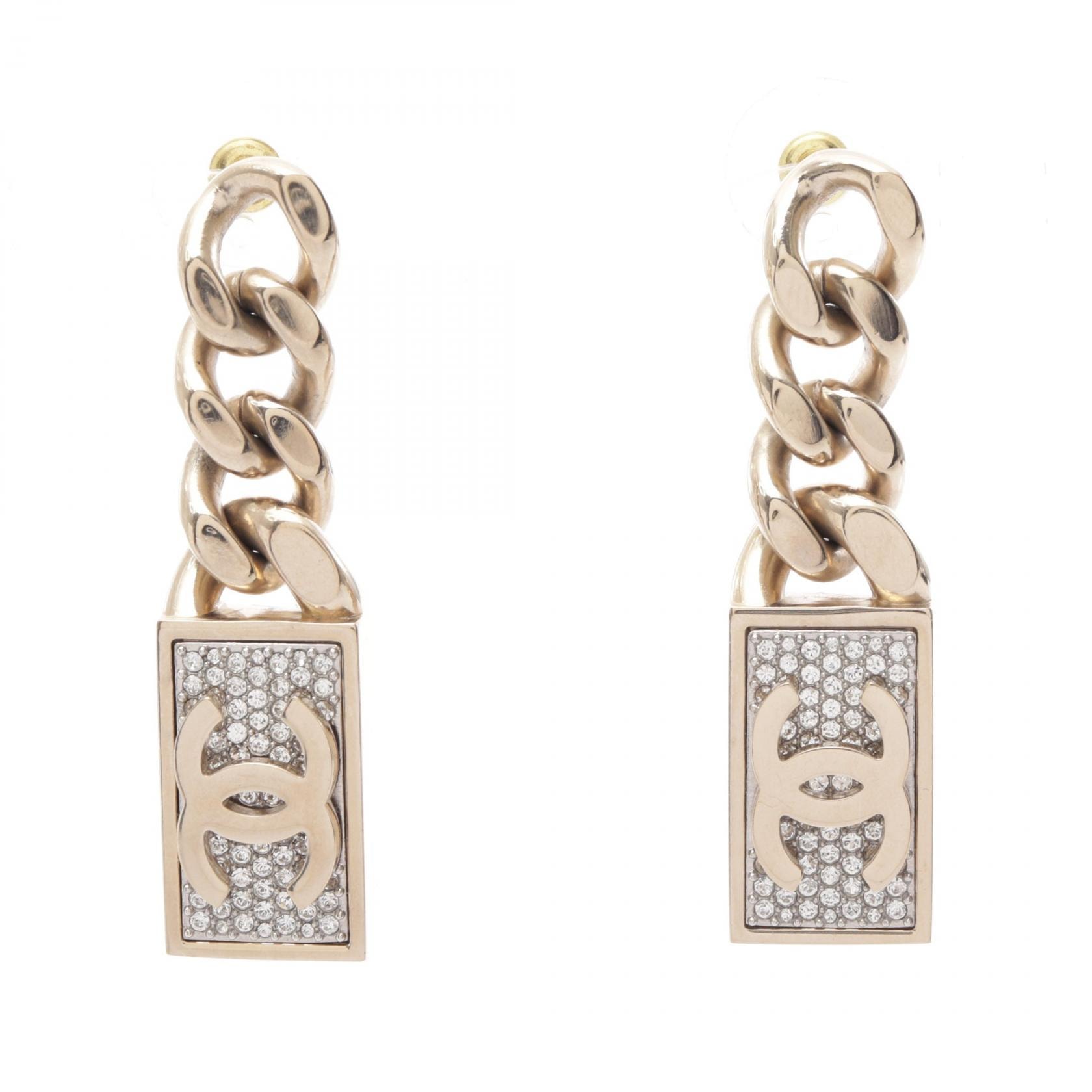 シャネル CHANEL ココマーク ロックチェーン スイング ピアス ジュエリー GP(ゴールドメッキ) ラインストーン レディース ゴールド系 / クリア系 【中古】