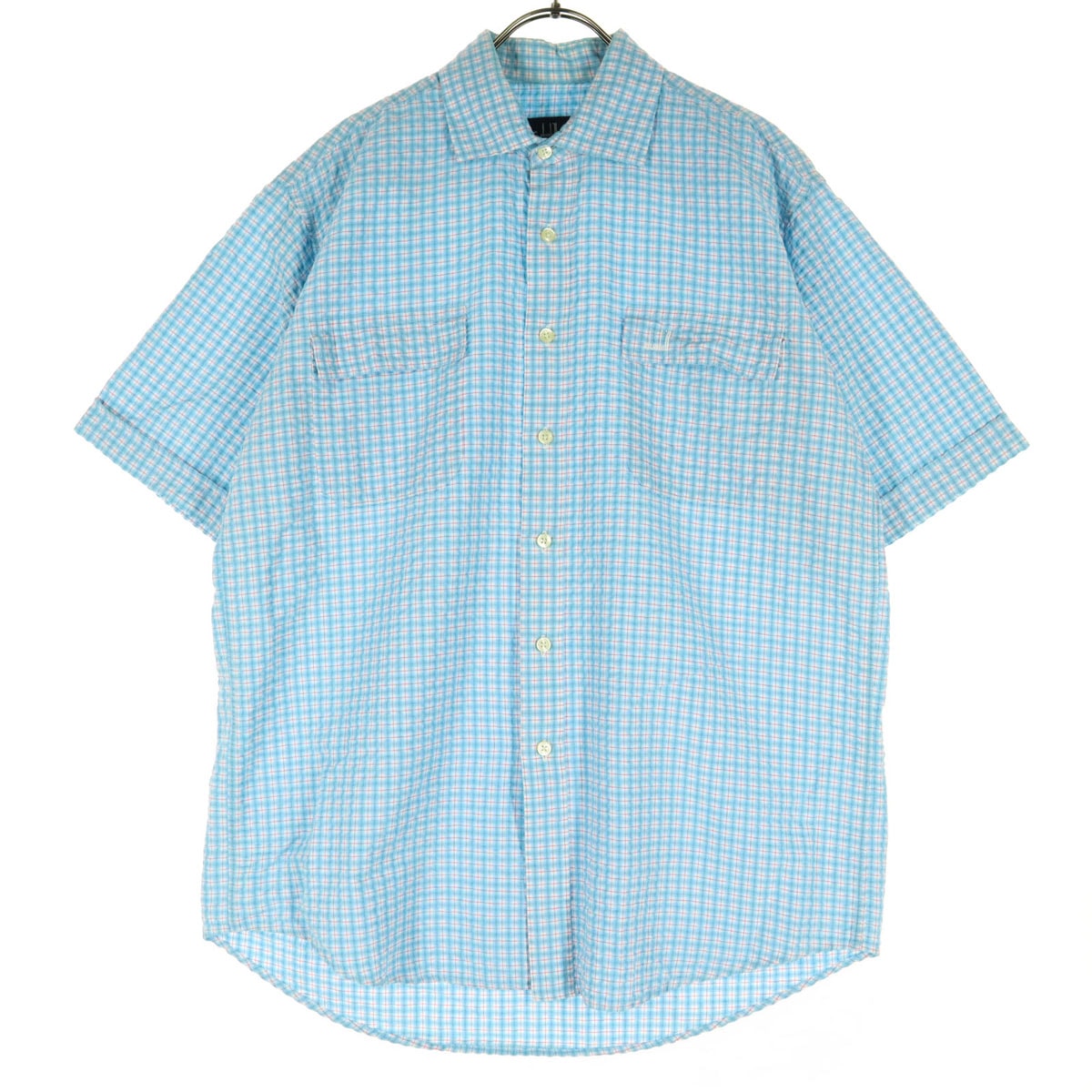 美品 Dunhill ダンヒル 格子柄 半袖 シャツワンピース M ブルー系