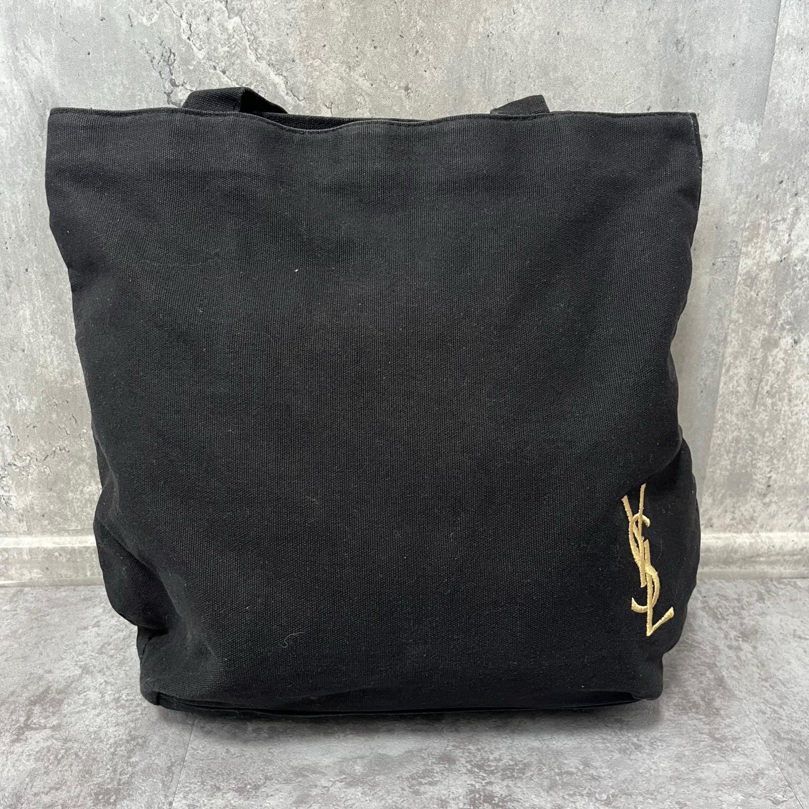 【YVES SAINT LAURENT】イヴサンローラン トートバッグ ブラック キャンバス YSLロゴ刺繍 ゴールドロゴ 肩掛け レディース ヴィンテージ