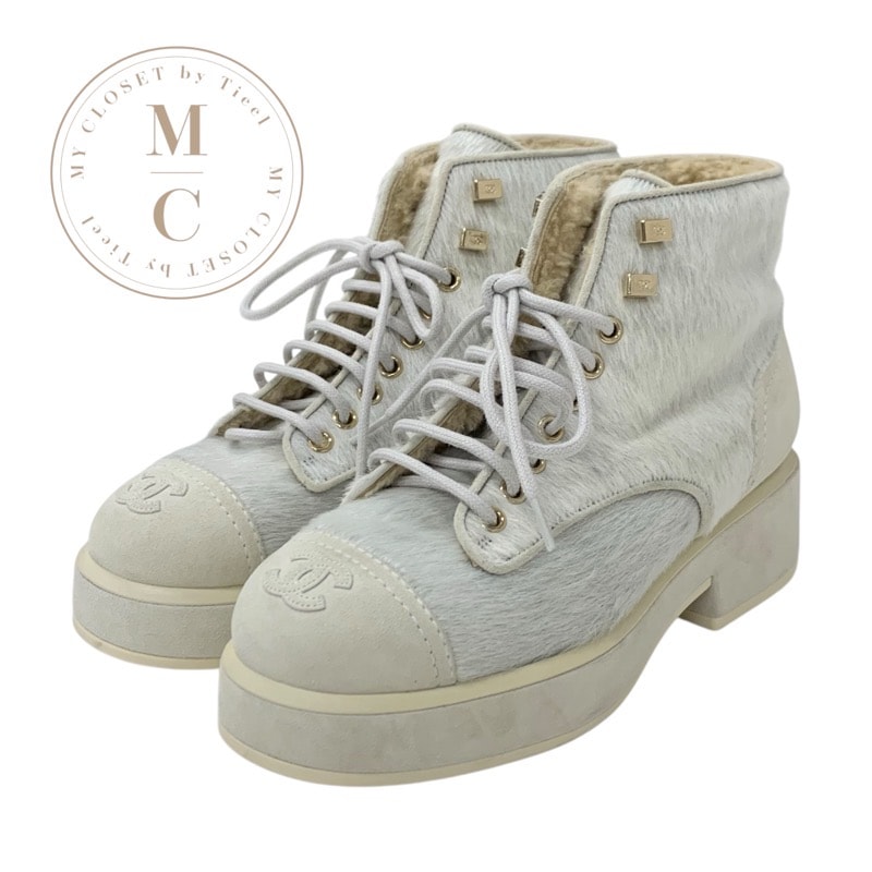 シャネル CHANEL ブーツ ショートブーツ 靴 シューズ ハラコ スエード ムートン ベージュ グレー ココマーク レースアップ