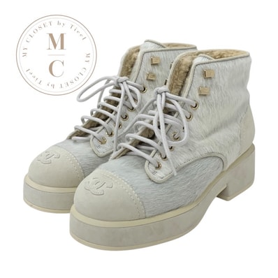 シャネル CHANEL ブーツ ショートブーツ 靴 シューズ ハラコ スエード ムートン ベージュ グレー ココマーク レースアップ