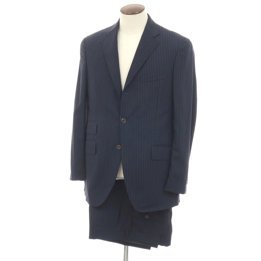 【中古】エトロ ETRO ウール ストライプ 3つボタンスーツ ネイビーxブルー【サイズ50】【メンズ】