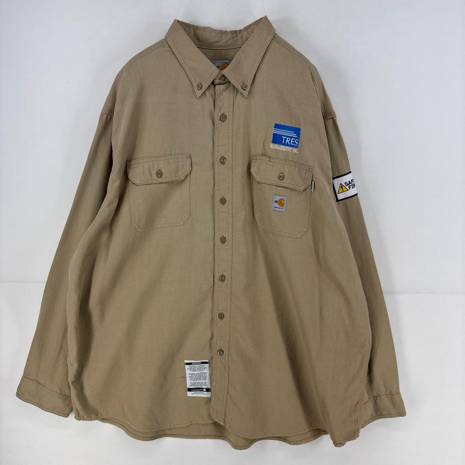 古着 カーハート Carhartt 長袖シャツ ロゴ 胸ポケット ワーク 大きいサイズ ワッペン 作業着 3XL ベージュ メンズ