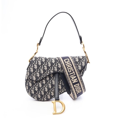 ディオール Dior サドルバッグ オブリーク 2WAY ハンドバッグ バッグ キャンバス レザー レディース アイボリー系 / ネイビー系 【中古】
