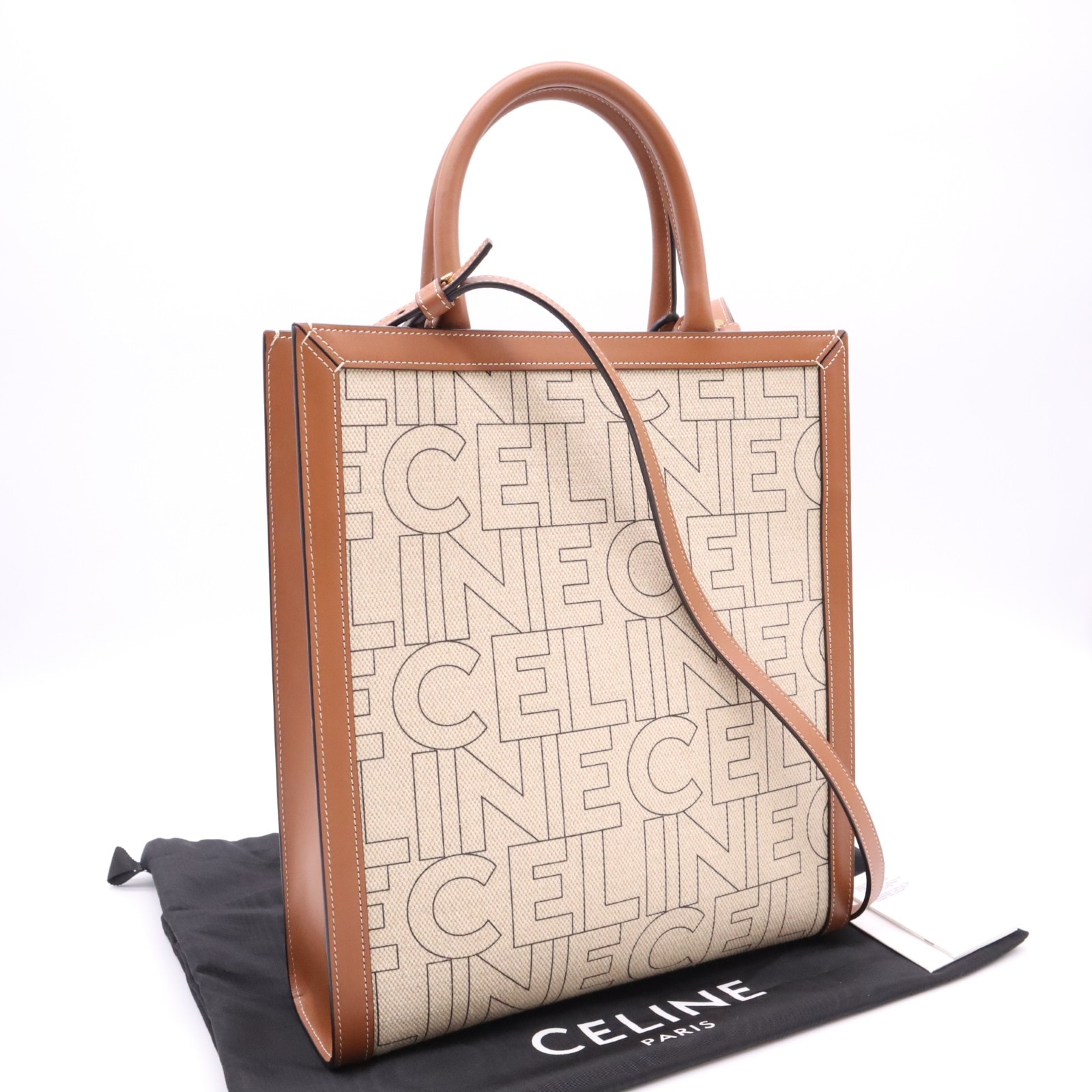 極美品 CELINE セリーヌ キャンバス スモール バーティカル カバ ナチュラル タン 192082ERN.02NT トートバッグ ベージュ ブラウン キャンバス カーフレザー レディース