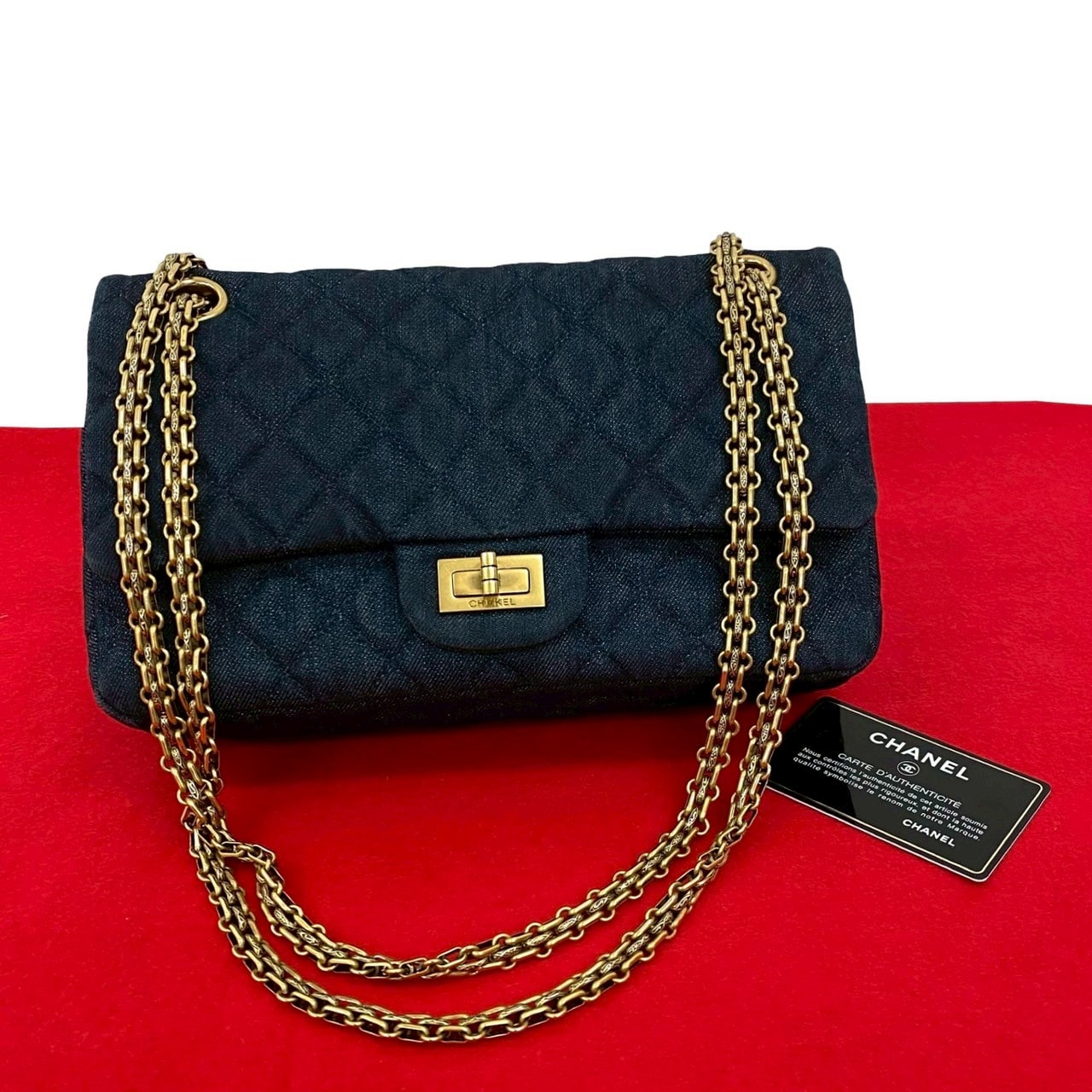 CHANEL シャネル 2.55 マトラッセ Wフラップ デニム ショルダーバッグ ブルー
 143-2