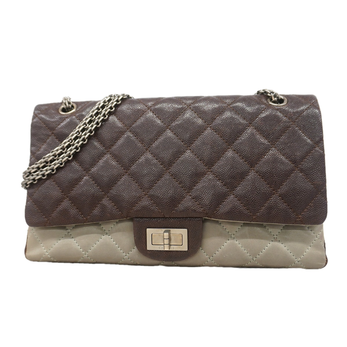 ★最終価格★SALE【6ka0264】シャネル ショルダーバッグ 2.55/マトラッセ Wフラップ Wチェーン マキシ キャビアスキン レザー ブラウン グレー シルバー金具【中古】レディース
