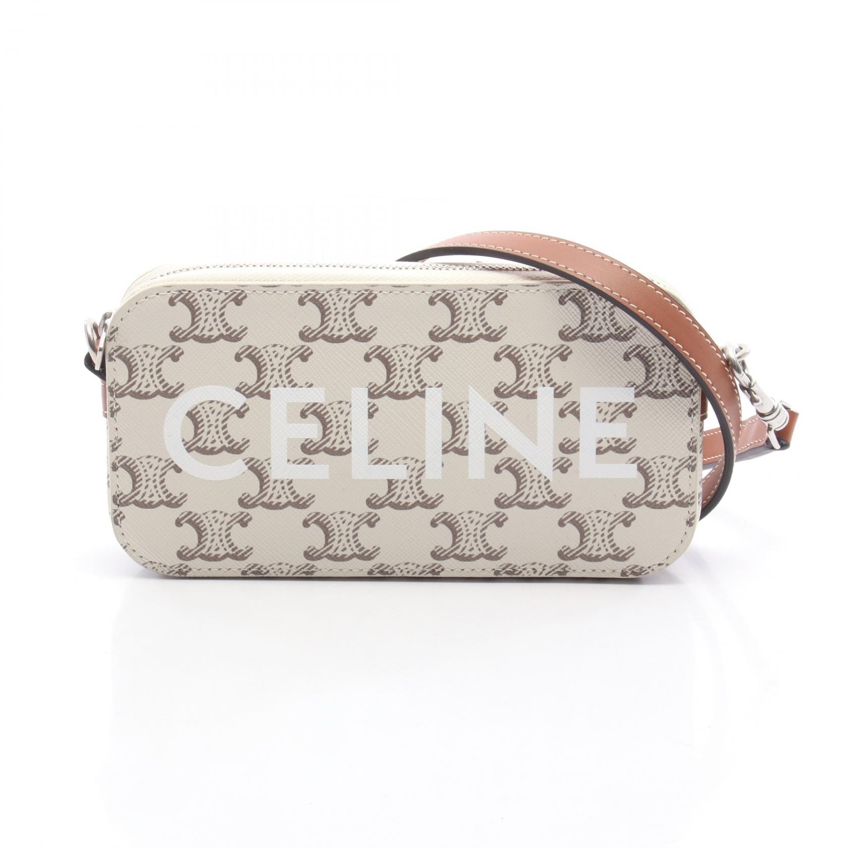 セリーヌ CELINE トリオンフ ホリゾンタル ポーチ ショルダーバッグ バッグ PVCコーティングキャンバス レザー レディース ホワイト系 / ブラウン系 10L272DM5 【中古】