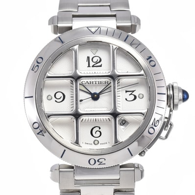 カルティエ CARTIER W3104055 パシャ グリッド デイト シルバー 自動巻き メンズ 美品 袋付き 腕時計 L#148146