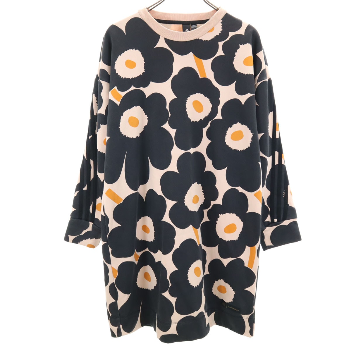adidas アディダス MARIMEKKO マリメッコ コラボ 総柄 長袖 スウェット ワンピース OT ブラック系 裏起毛