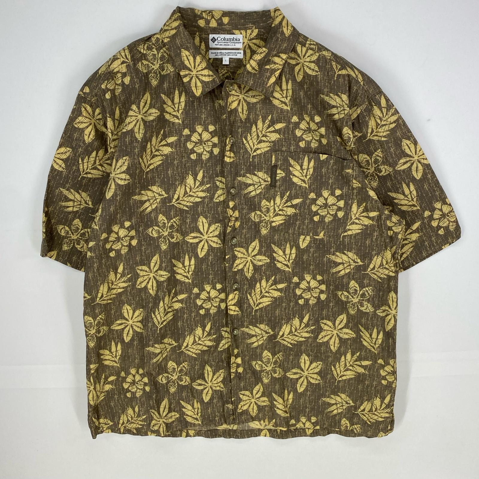 古着 コロンビア Columbia 半袖シャツ アウトドア 胸ポケット ハワイアン アロハ L ブラウン系 総柄 メンズ