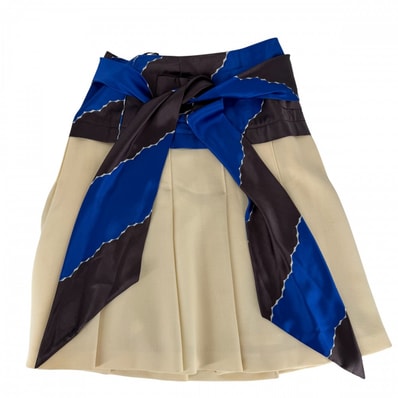 CHANEL シャネル スカート シルクプリーツスカート アパレル 服 34 アイボリー ブルー 青 シルバー金具 ウール レディース 春 秋 2005年【中古品】