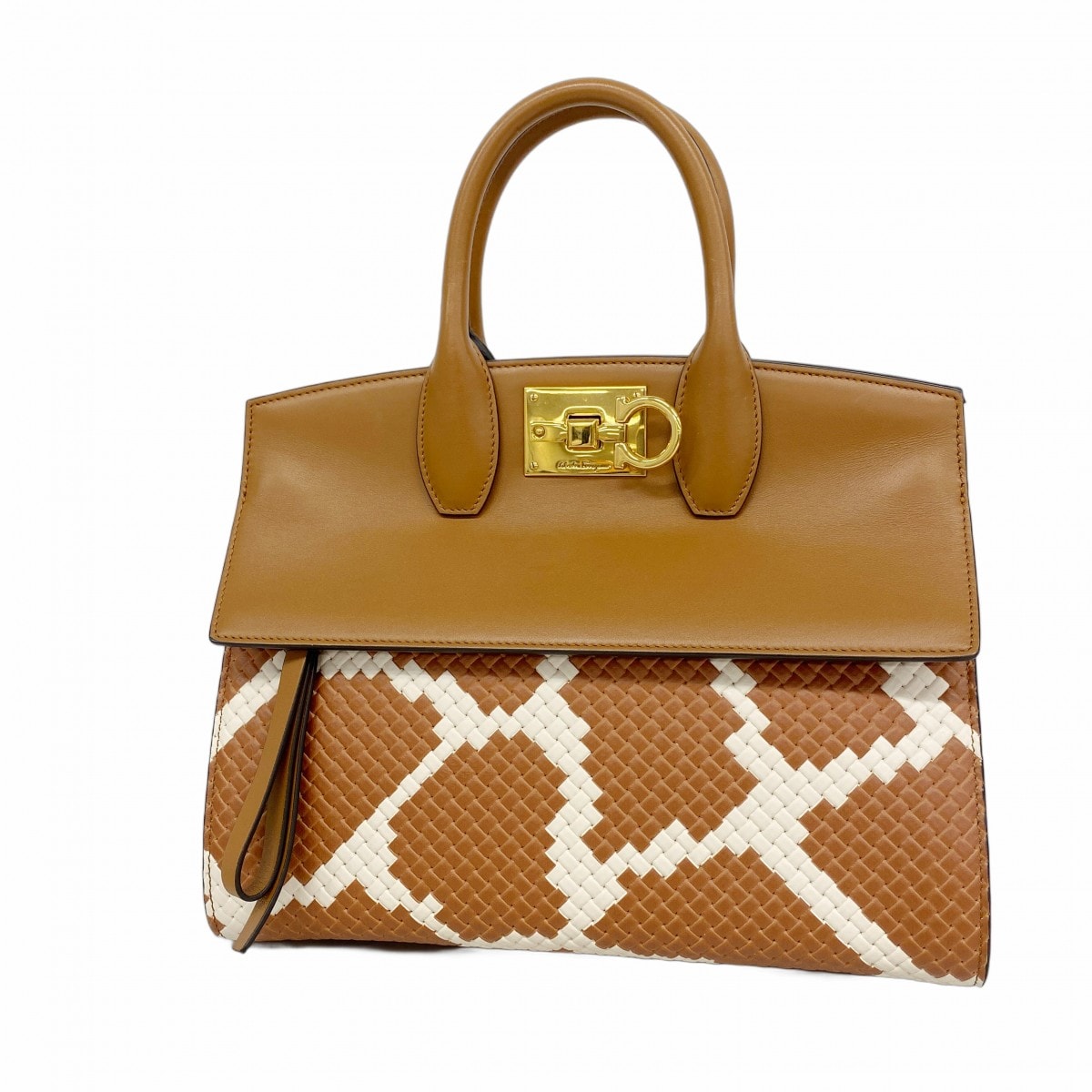 ★SALE【6dc2421】サルヴァトーレフェラガモ ハンドバッグ ガンチーニ レザー ブラウン ホワイト ゴールド金具【中古】レディース