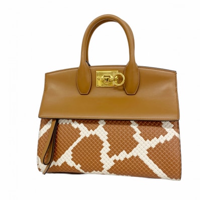 ★SALE【6dc2421】サルヴァトーレフェラガモ ハンドバッグ ガンチーニ レザー ブラウン ホワイト ゴールド金具【中古】レディース