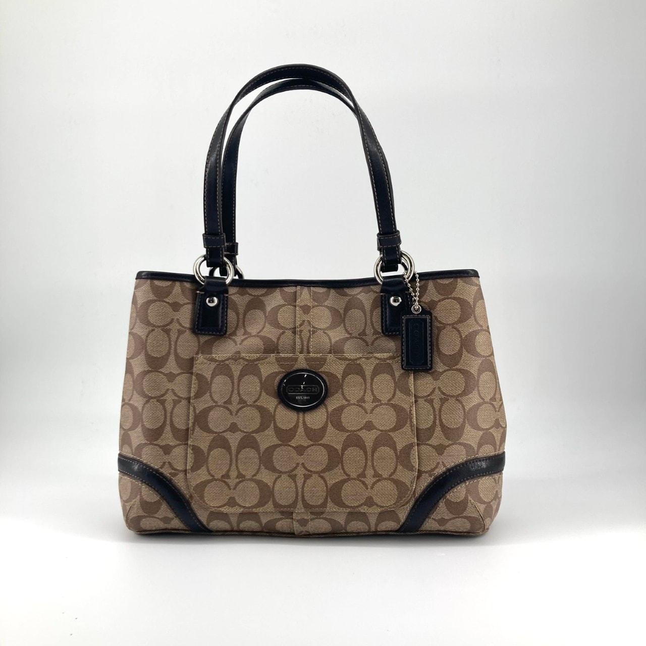 COACH(コーチ) シグネチャー柄×ブラックレザー F18923 トートバッグ ブラウン