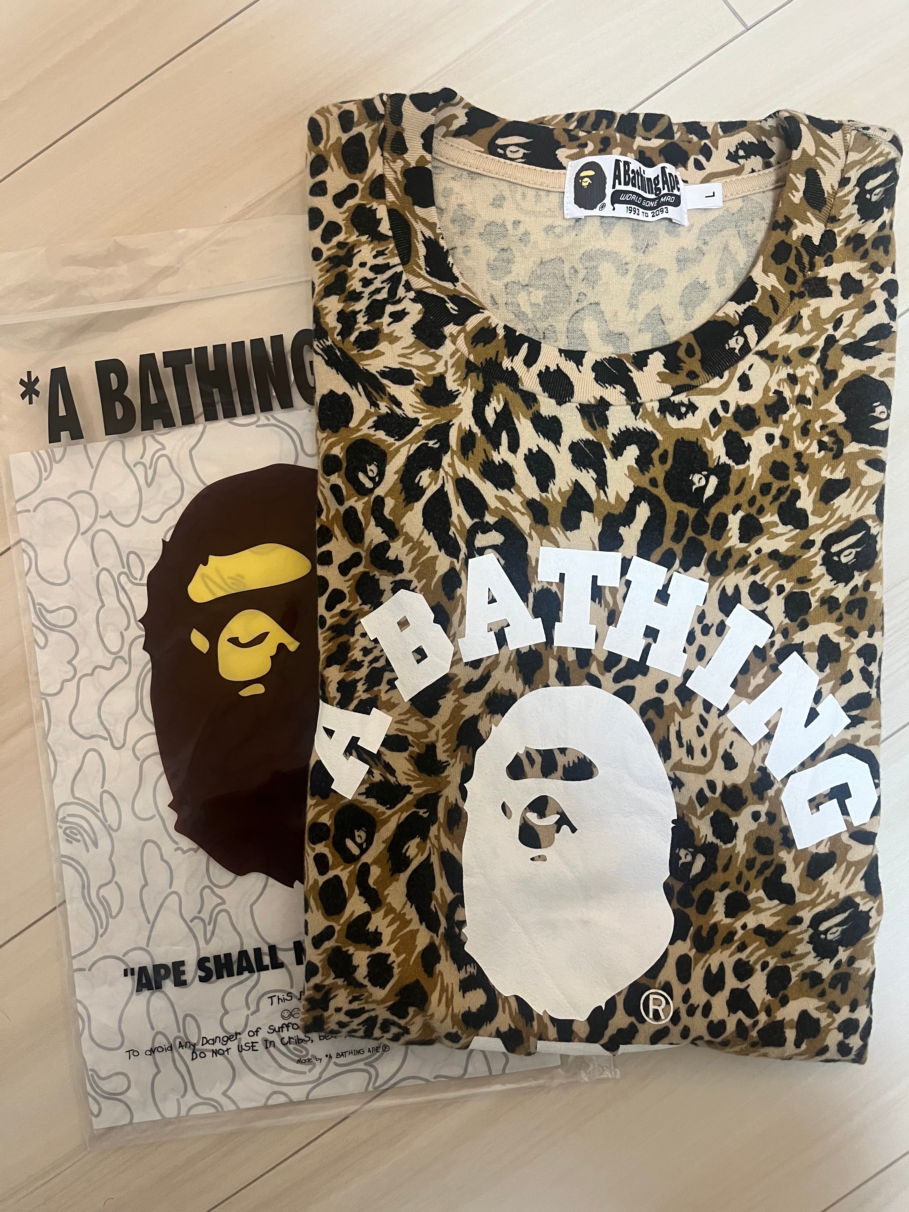 A BATHING APE Wild Leopard Pattern College Relaxed Fit Tee "Beige"