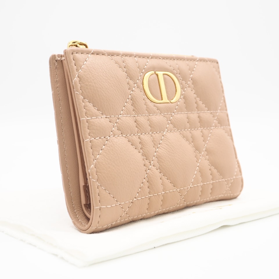 美品 Dior ディオール カーフスキン Dior Caro Dahlia ウォレット S5173UWHC 二つ折り財布 ピンクベージュ カーフレザー レディース