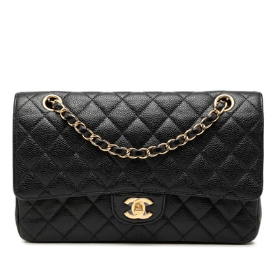 シャネル ココマーク マトラッセ25 ダブルフラップ チェーンショルダーバッグ ブラック キャビアスキン レディース CHANEL 【中古】