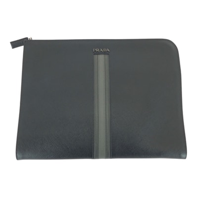 美品 PRADA プラダ サフィアーノ L字ファスナー ブラック グレー シルバー金具 レザー クラッチバッグ セカンドバッグ 506561 【中古】