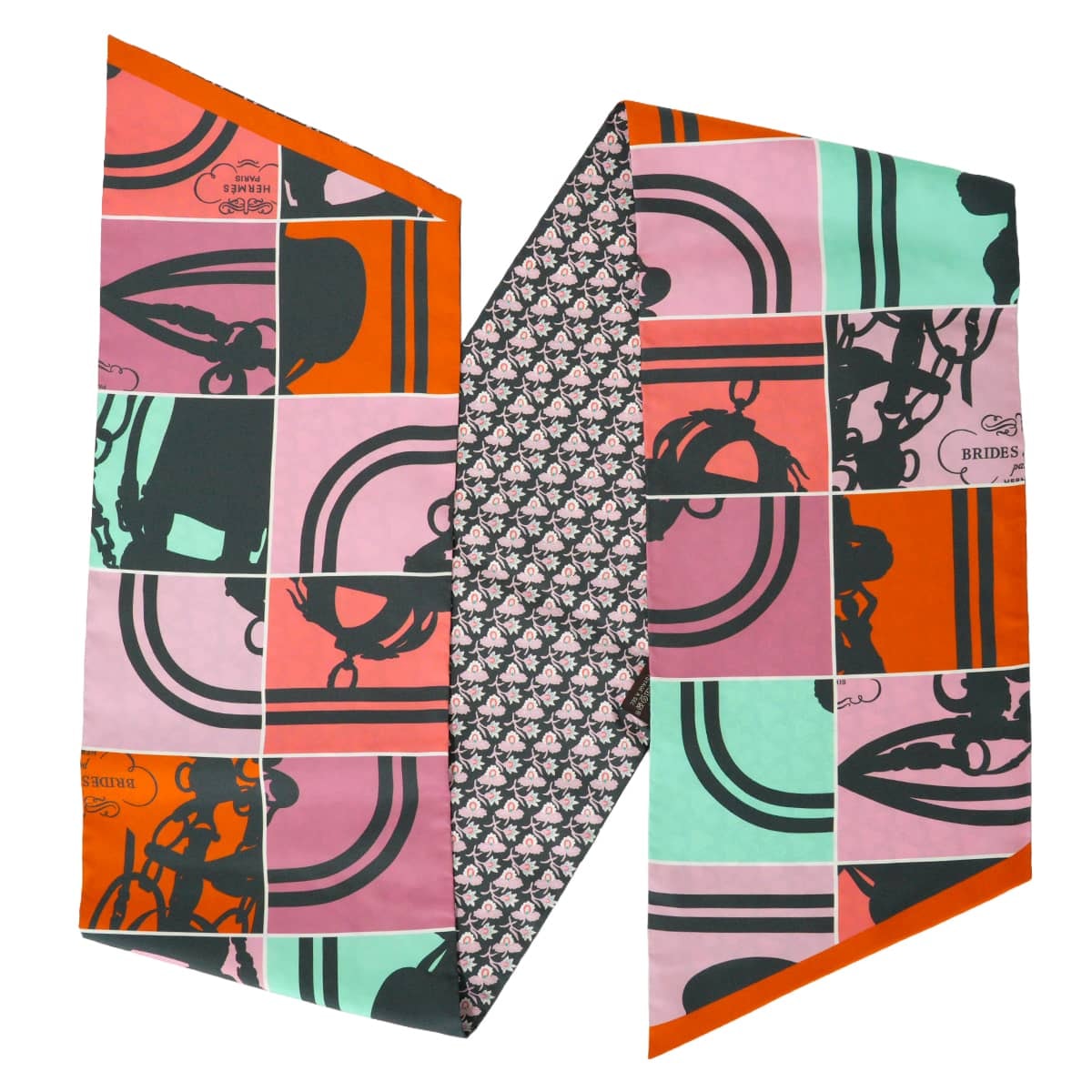 【渋谷並木橋店】HERMES エルメス スカーフ マキシツイリー ブリッドドゥガラ オレンジ/ピンク/ランブ シルク100% 新品同様【中古】