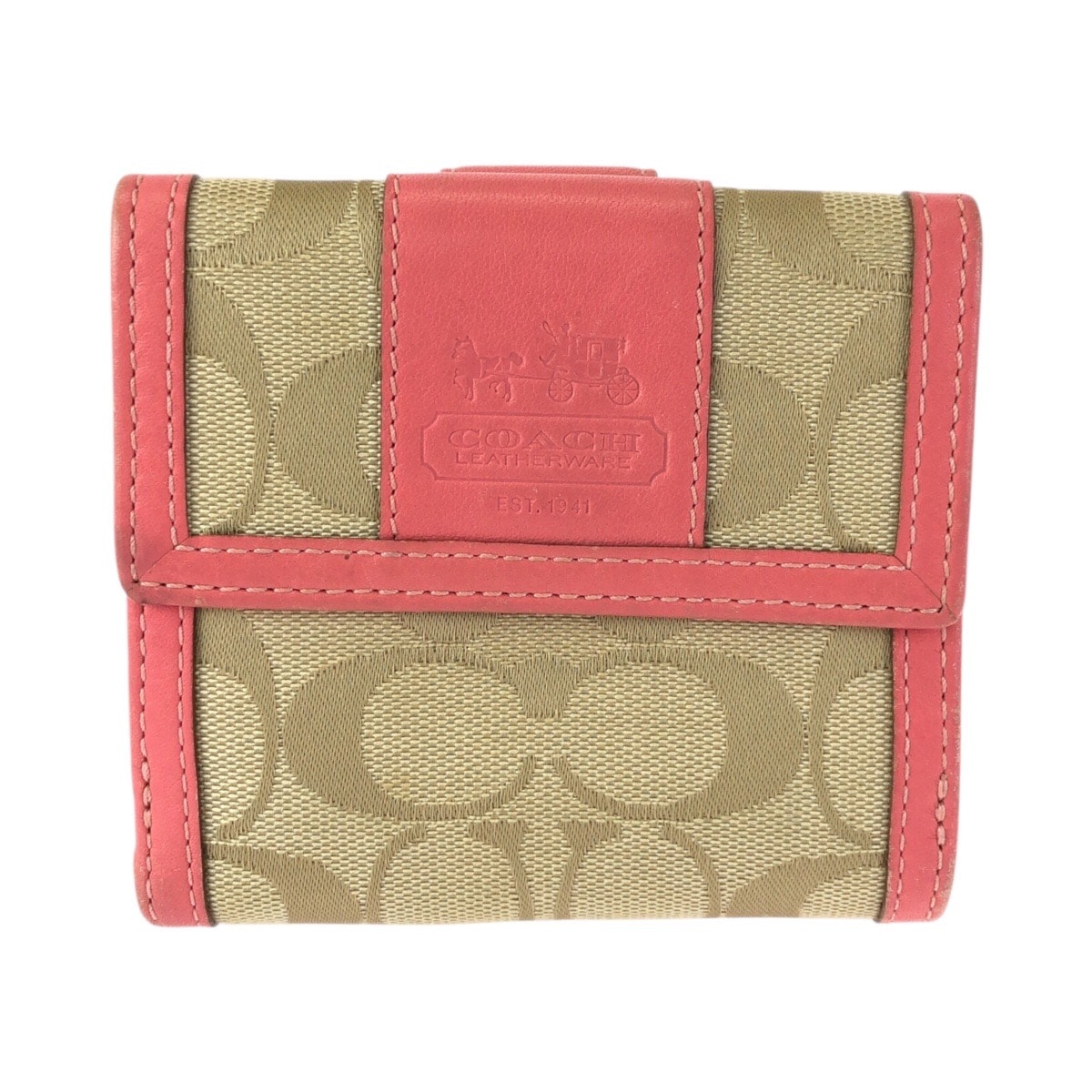 美品 COACH コーチ シグネチャー ピンク ベージュ ゴールド金具 キャンバス レザー/ 折り財布 コンパクトウォレット 600468 【中古】