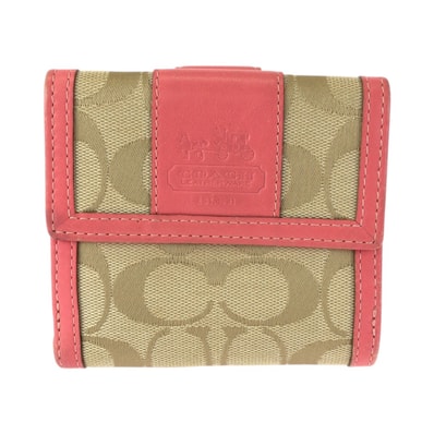 美品 COACH コーチ シグネチャー ピンク ベージュ ゴールド金具 キャンバス レザー/ 折り財布 コンパクトウォレット 600468 【中古】