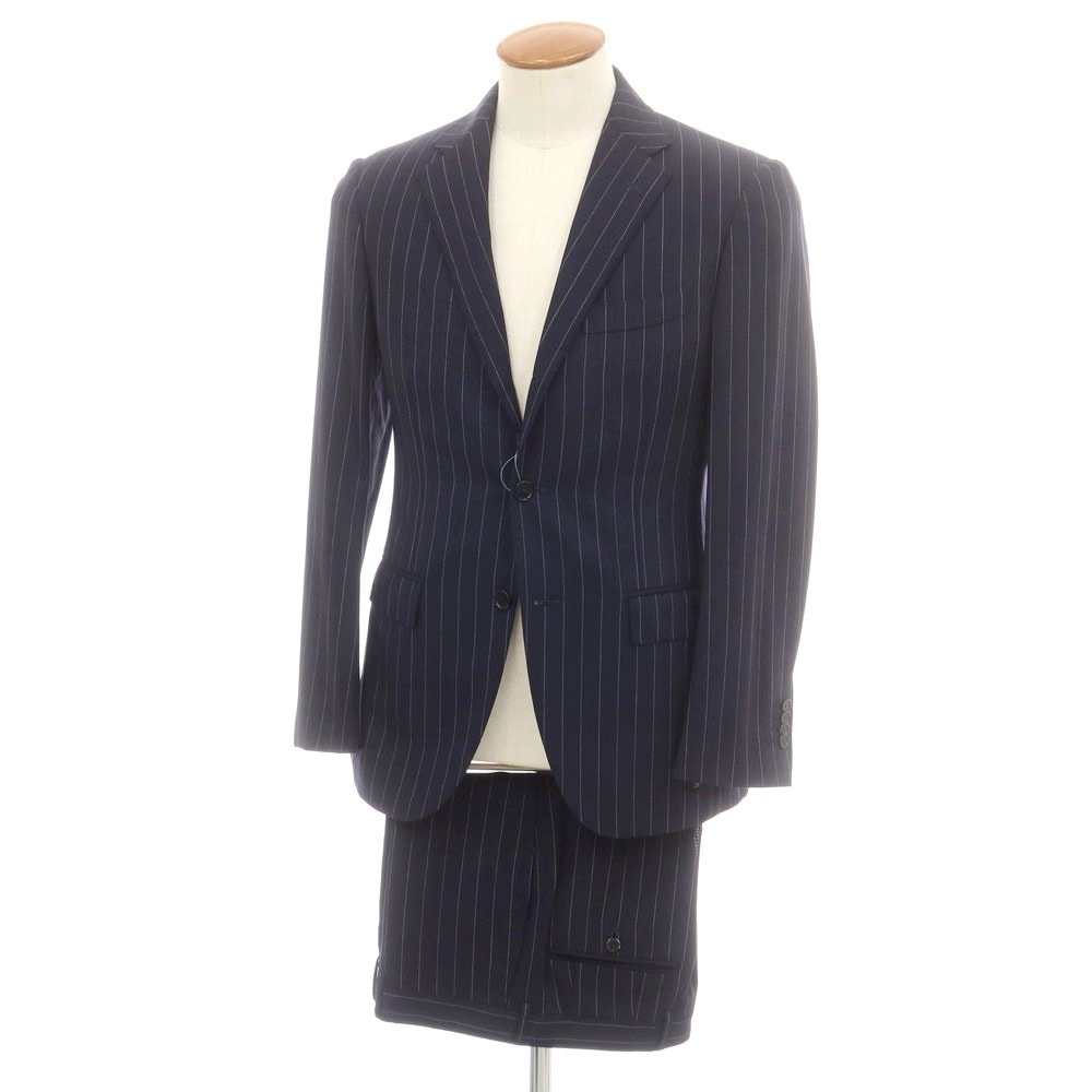【中古】ビームスエフ BEAMS F サマーウール ストライプ 3つボタンスーツ ネイビー【サイズ93】【メンズ】