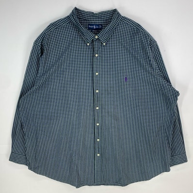 古着 ラルフローレン RALPH LAUREN 長袖シャツ ボタンダウン ワンポイント 刺繍ロゴ 大きいサイズ 5XL グリーン系 チェック メンズ