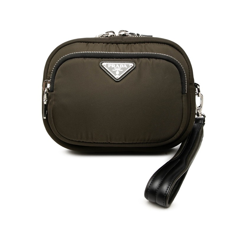 プラダ 三角ロゴプレート クラッチバッグ セカンドバッグ ポーチ 1NE026 カーキグリーン ナイロン レザー メンズ PRADA 中古