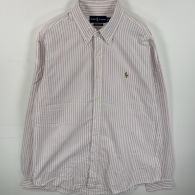 古着 ラルフローレン RALPH LAUREN 長袖シャツ ボタンダウンシャツ ワンポイント ロゴ 刺繍 大きいサイズ XL ピンク系 ストライプ メンズ