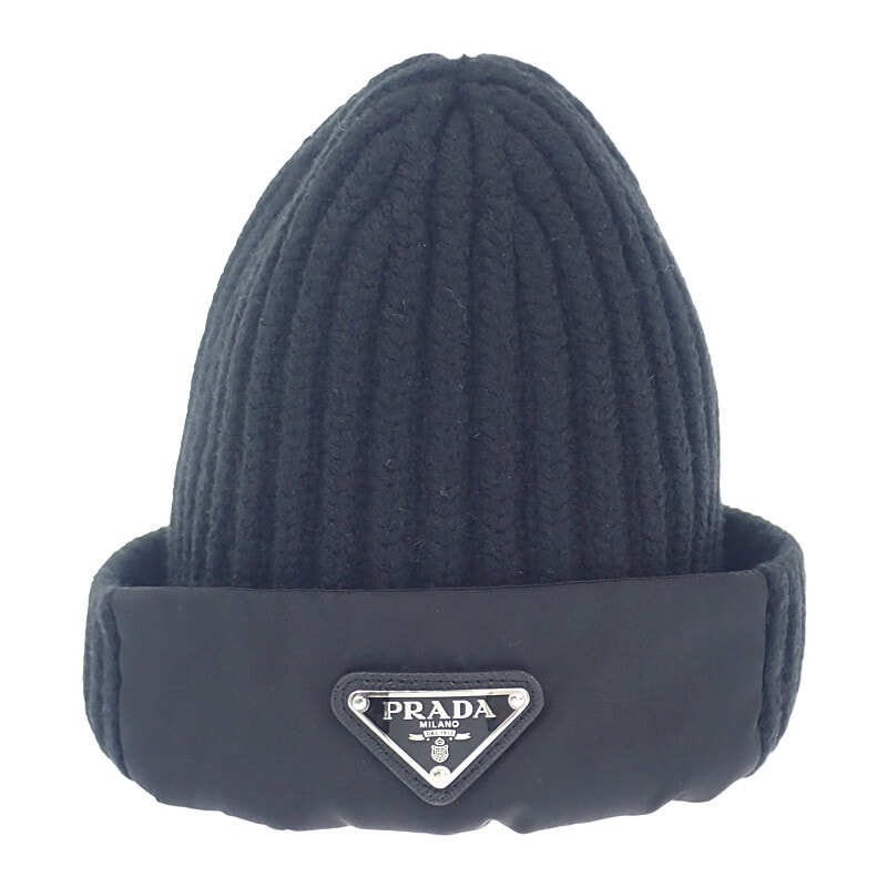 プラダ PRADA シェーカー ギャバジンxウール M UMD446_1WTO_F0002_S_202 ニットキャップ ウール ナイロン ブラック メンズ【中古】【ABランク】