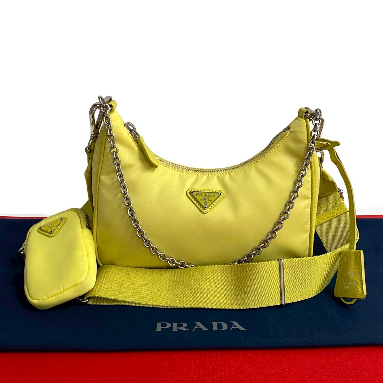 PRADA プラダ リエディション 三角ロゴ 金具 ナイロン レザー ショルダーバッグ イエロー
 919-3