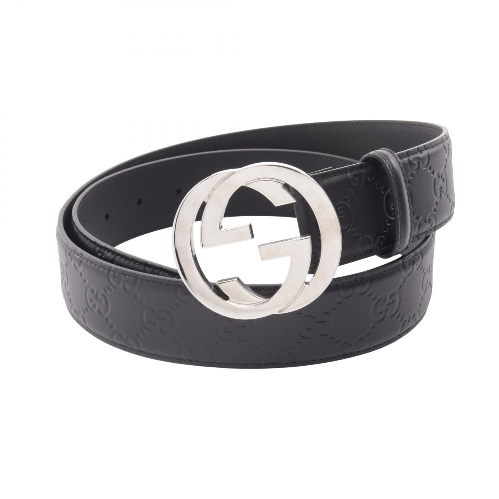 グッチ GUCCI インターロッキングG グッチシマ シルバー金具 ベルト 衣料品 レザー メンズ ブラック系 411924 【中古】