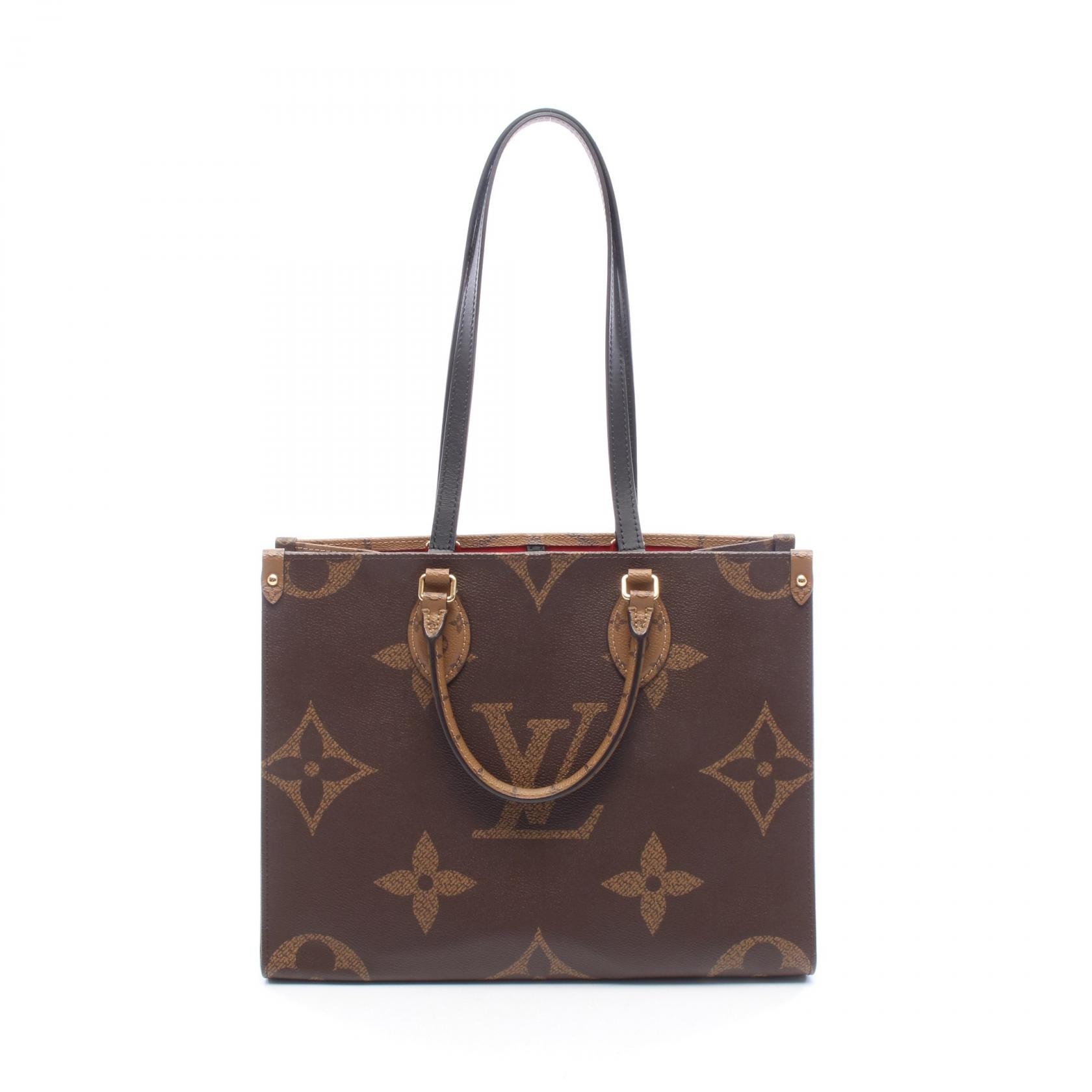ルイ・ヴィトン LOUIS VUITTON オンザゴーMM モノグラムジャイアント リバース トートバッグ バッグ PVCコーティングキャンバス レザー ベージュ レディース ブラウン系 / ベージュ系 M45321 【中古】