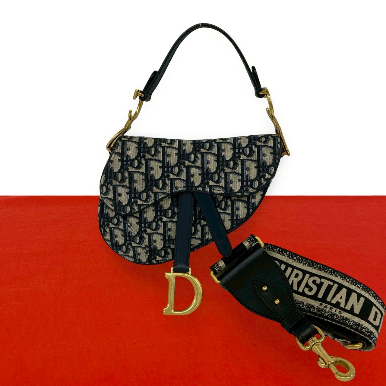 Christian Dior ディオール オブリーク サドルバッグ キャンバス レザー ショルダーバッグ ネイビー
 30953