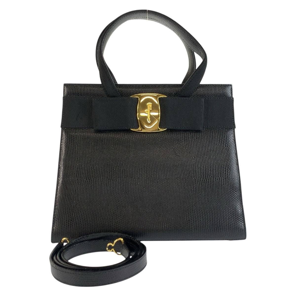 美品 Salvatore Ferragamo サルヴァトーレフェラガモ ヴァラリボン ブラック 黒 ゴールド金具 レザー ハンドバッグ ショルダーバッグ 2way 604201 【中古】