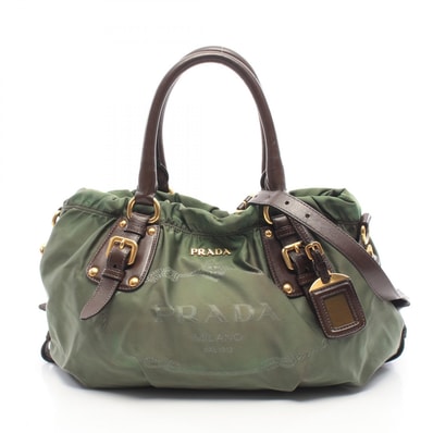 プラダ PRADA NYLON JACQUARD+ 2WAY ハンドバッグ バッグ ナイロン レザー レディース カーキ系 / ブラウン系 【中古】