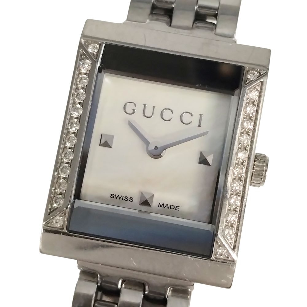 GUCCI グッチ 128.4 Gフレーム ダイヤベゼル シェル文字盤 クォーツ ステンレス 腕時計 シルバー 正規品 / C914