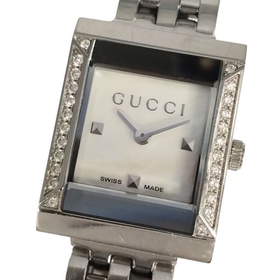 GUCCI グッチ 128.4 Gフレーム ダイヤベゼル シェル文字盤 クォーツ ステンレス 腕時計 シルバー 正規品 / C914