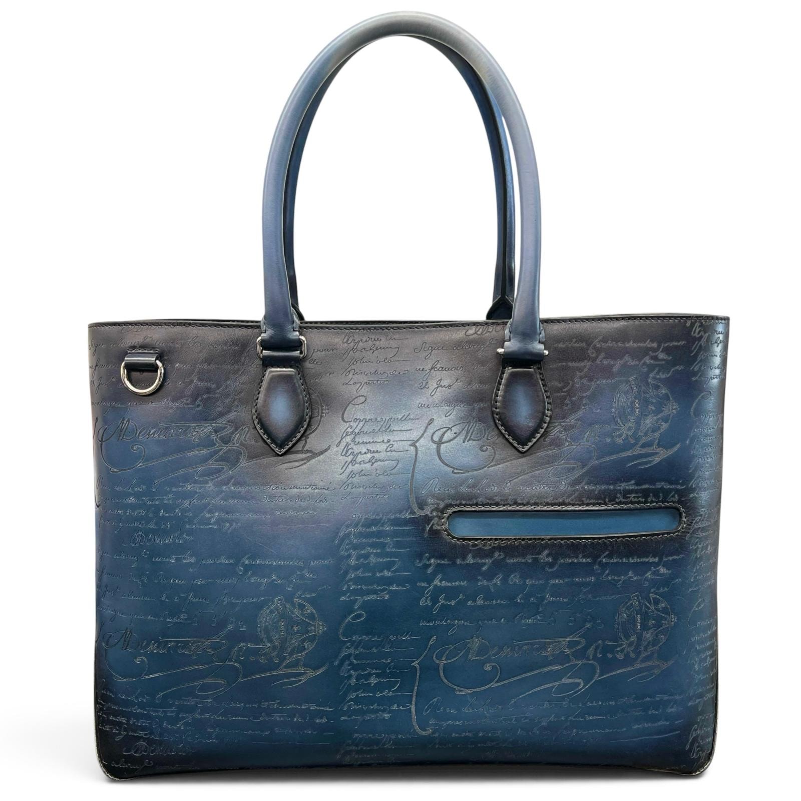 Berluti 美品 ベルルッティ カリグラフィ トゥジュール トートバッグ レザー ブルー 肩掛け メンズ ABランク 中古 鑑定済 ベルルッティバッグ