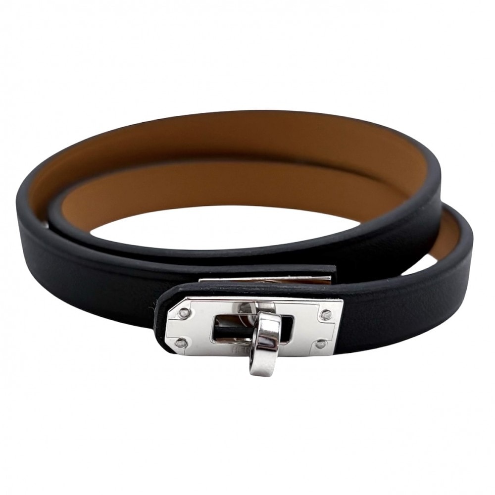 HERMES エルメス ブレスレット ドゥブルトゥール ケリー アクセサリー レザー    K刻印 ブラック 黒 ブラウン 茶 シルバー金具 レディース 美品 2025年【中古品】