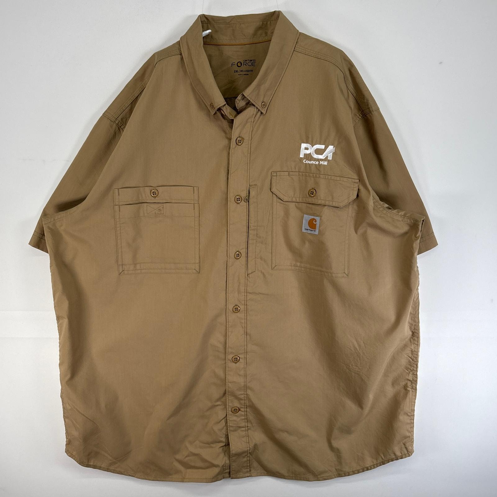 古着 カーハート Carhartt 半袖シャツ ワーク フラップポケ 作業着 大きいサイズ FORCE 2XL  ブラウン系 無地 メンズ