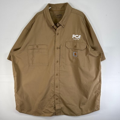 古着 カーハート Carhartt 半袖シャツ ワーク フラップポケ 作業着 大きいサイズ FORCE 2XL ブラウン系 無地 メンズ