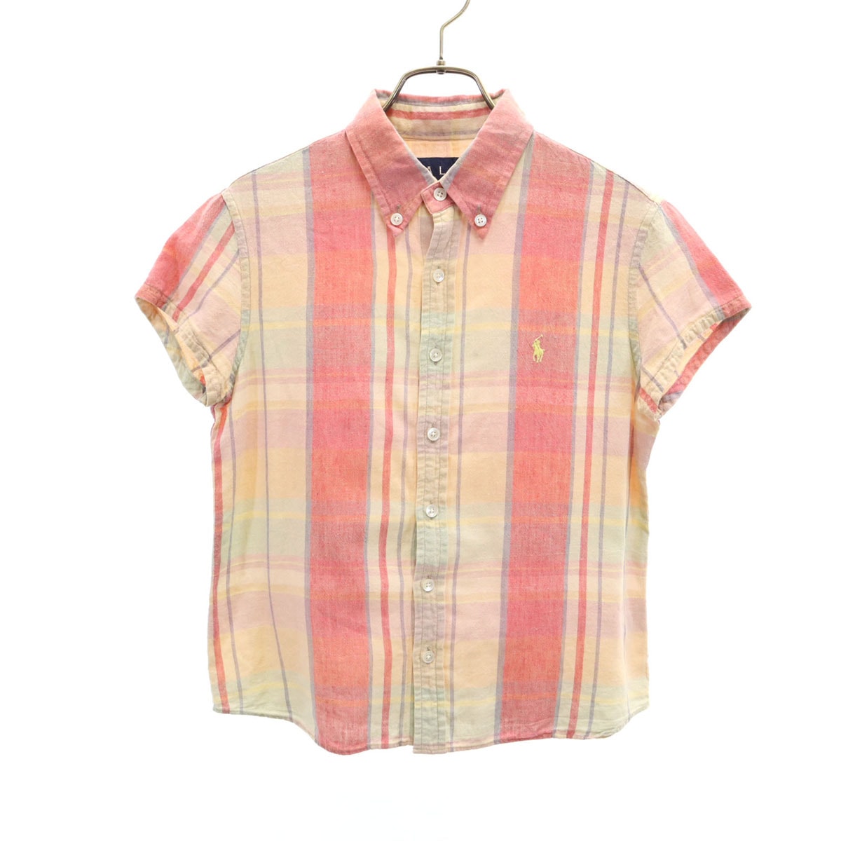 RALPH RALPH LAUREN ラルフラルフローレン リネンブレンド チェック柄 フレンチスリーブ ボタンダウンシャツ 9 ピンク系 インパクト21