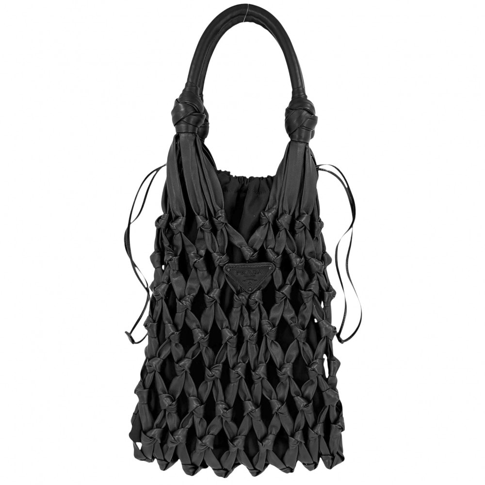 PRADA プラダ ハンドバッグ メッシュ 巾着 肩掛け トライアングルロゴ 1BC112 レザー ナイロン ブラック 黒 シルバー金具 レディース【中古品】