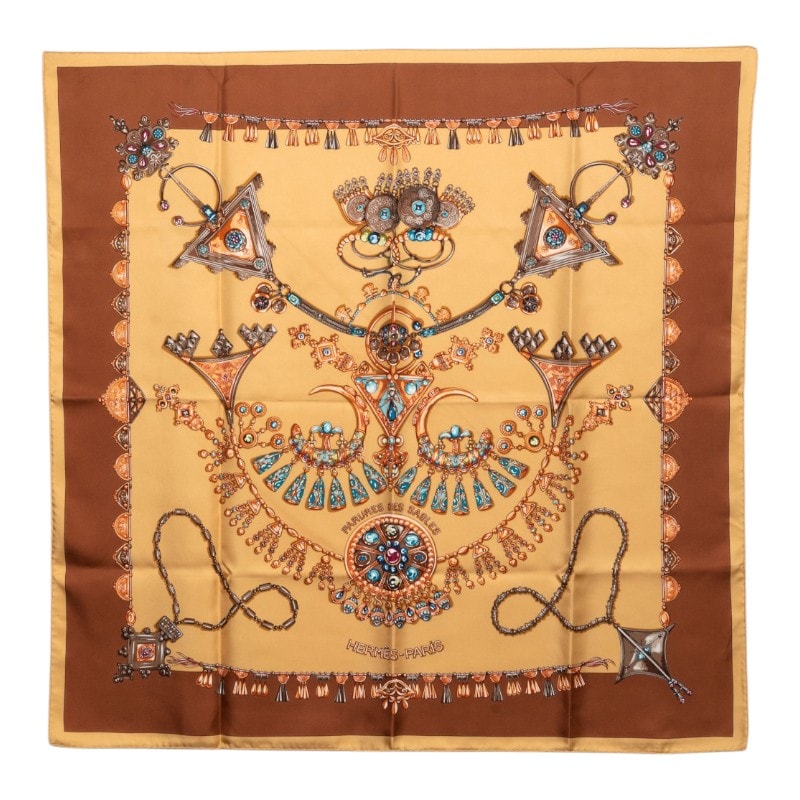 エルメス カレ90 PARURES DES SABLES 砂漠のアクセサリー スカーフ 大判 ベージュ系 マルチカラー シルク レディース HERMES 【中古】