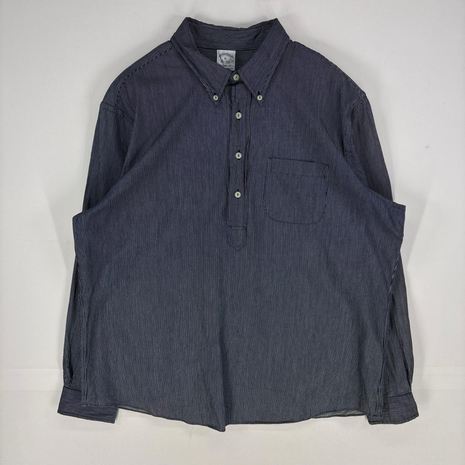古着 ブルックスブラザーズ Brooks Brothers 長袖シャツ 1818 胸ポケット ハーフボタン XL  ネイビー系 ストライプ メンズ