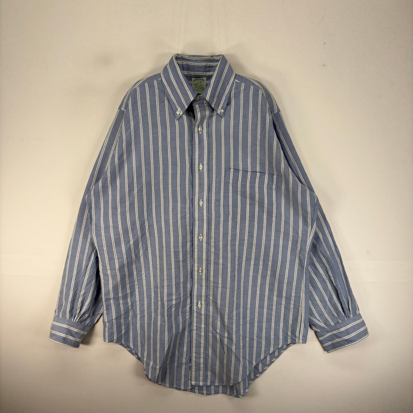 古着 ブルックスブラザーズ Brooks Brothers USA製 長袖シャツ ボタンダウン 胸ポケット M  ブルー系 ストライプ メンズ