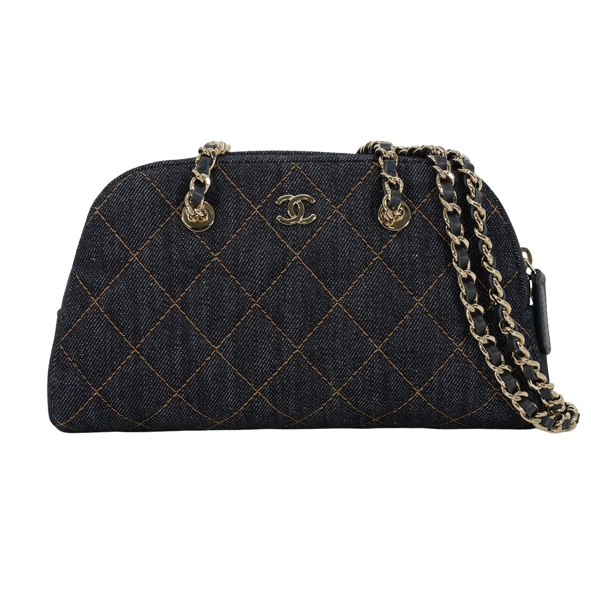 2026年春夏 CHANEL シャネル クラッチバッグ チェーン マトラッセ ココマーク ダークブルー デニム シャンパンゴールド金具 AP5092 新品